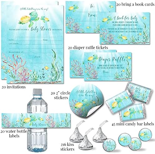 Amanda Creation Sea Turtle Baby Shower Bundle for 20, Little Hatchling Invitations, Diaper Raffle, Book Request Cards, Stickers & Labels - Image 2