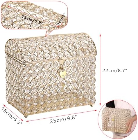 ELLDOO Crystal Wedding Card Box with Heart Lock, Money Card Box Treasure Chest Style Gold Gift for Wedding Receptions Centerpiece Decor Anniversary Keepsake Gift Display Csae, Medium - Image 2