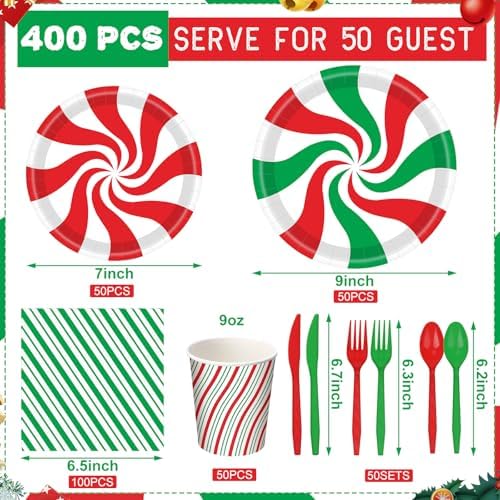 Pickmesh 400 Pcs Christmas Peppermint Candy Paper Plates Napkins Serve 50 - Image 3