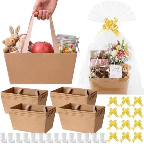 Funnymoom 24 Pcs Wedding Basket for Gifts Empty Brown Gift Basket Empty to Fill with Handle, Transparent Bag and Bow for Wedding Party Favor Supplies, 9.8 x 6.5 x 4.3'' by Funnymoom
