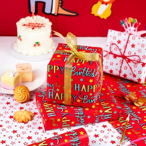 WRAPAHOLIC Jumbo Reversible Birthday Wrapping Paper - 30 Inch x 100 Feet Jumbo Roll - Red Happy Bday to you Lettering and Stars Design for Birthday, Baby Shower - Image 4