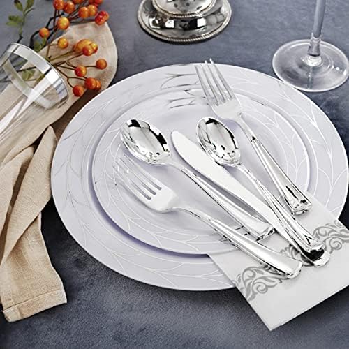 COLOSUS 175PCS Silver Plastic Dinnerware Sets With Fancy Silverware Set. - Image 5