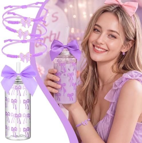 Yungyan Purple 36 Pcs Bow Plastic Cups with Lids and Straws Coquette Bow Bracelets Clear Reusable Soda Bar Party Drinking Cups for Dance Ballet Wedding Baby Shower Birthday Party Supplies - Image 4
