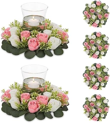 NUPTIO Artificial Flowers Candle Rings - 6 Pcs 14 inch Diam Large Pink & White Fake Roses Wreath Wedding Centerpieces for Tables Spring Summer Wreath for Front Door Weddings Party Ceremony Decor by Nuptio