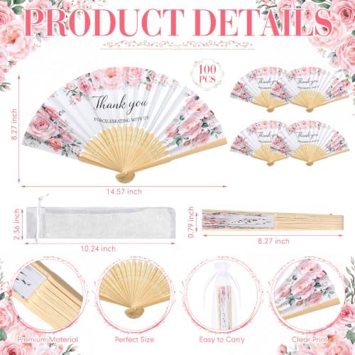 Wenqik 100Sets Pink Flower Hand Folding Fans,Wedding Party Favors for Guest - Image 2