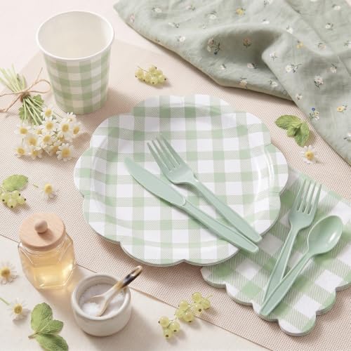 350 PCS Sage Green Gingham Disposable Dinnerware Set, Decagonal Paper Plates 7 & 9 Inch, Napkins, Cups & Cutlery, Checkered Party Supplies for Easter Baby Shower Wedding Picnic - Image 5