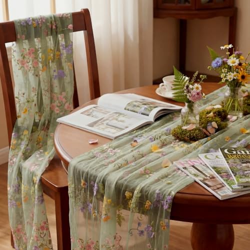 Sage Green Floral Table Runner 10ft Embroidery Tulle Spring Wildflower Gauze Table Runner Seasonal Summer Butterfly Kitchen Dining Decoration for Wedding Baby Shower Birthday Party (6 Pcs) - Image 6