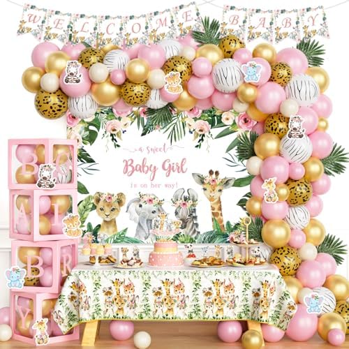 147 PCs Safari Baby Shower Decorations for Girl, Party Inspo Jungle Themed Baby Shower Décor Backdrop Balloon Garland Artificial Leaves Banner Tablecloth Cake Cupcake Topper Boxes Cutout Deer Pink by Unknown