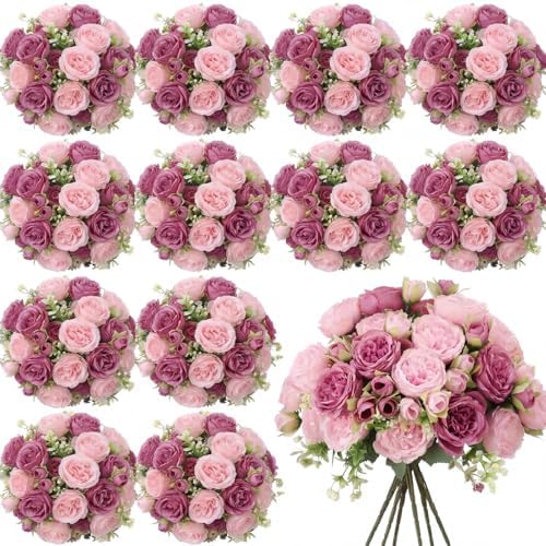 Geosar 24 Bundles Artificial Peonies Flowers,Russet Red,Light Pink by Geosar