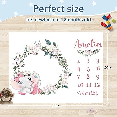 Custom Name Baby Milestone Blanket - Baby Milestone Monthly Blanket with Double Sided for Boy Girl Baby Photography Props - Pink Elephant Blanket Gifts for Kids Infant - Image 3