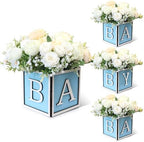 4 Set Baby Shower Centerpieces for Tables - 6 inch Wooden Boxes with Baby Letters Rustic Cube Planter Wood Blocks for Gender Reveal Party Favor (Blue) by ACMEE