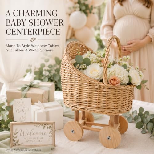 Wicker Baby Carriage Basket, Vintage Rattan Stroller Flower Basket for Baby Shower Centerpiece, Woven Carriage Decor for Wedding, Nursery Display and Photography Prop (Small) - Image 2