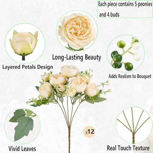 Peonies Artificial Flowers Bouquet, Lifelike Silk Fake Peonies with Stems for Home Table Centerpieces, Wedding, Party & DIY Bridal Floral Arrangements (12, Champagne) - Image 6
