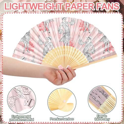 Roowest 36 Pcs Paris Themed Party Favor Folding Hand Fan Bulk Pink Stripes Eiffel Tower Paper Bamboo Handheld Fan with Bow French Pattern Folding Fans for Birthday Baby Shower Party Wedding Supplies - Image 2
