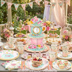 Zopeal 129 Pcs Disposable Tea Party Supplies Teapot Cupcake Stand Vintage Floral Cup Plate Napkin Princess Tea Party Decoration Tableware for 16 Guests Birthday Baby Shower Bridal Wedding Decoration - Image 4