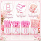 Domensi 204 Pcs Baby Shower Disposable Cutlery Set Utensil Holders, Pink - Image 3