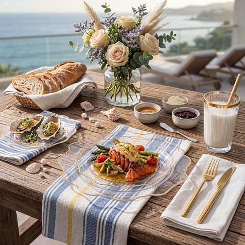 WDF 350Pcs Clear and Gold Plastic Plates - Heavy Duty Clear Plates Disposable - Gold Dinnerware Sets of 100 Plastic Plate 150Silverware 50 Cups 50 Napkins for Wedding/Baby Shower - Image 6