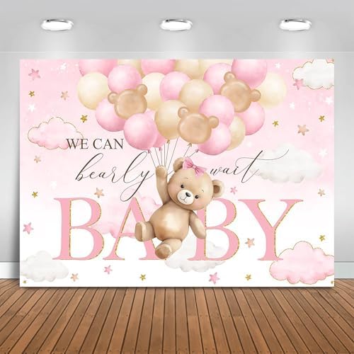 Bear Baby Shower Backdrop We Can Bearly Wait Party Decorations Background for Girl Bear Theme Baby Shower Banner Photo Booth Prop (Pink, 8x6ft) by Fitumiw