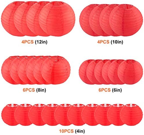 30 Pack Red Paper Lanterns 4" 6" 8" 10" 12" Assorted Sizes, CBTONE Red Hanging Round Lanterns Decorative Chinese Paper Lanterns for Birthday Wedding Baby Shower Festival Christmas Party Decoration - Image 2