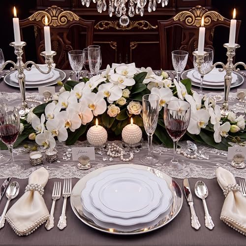 NOCCUR 175pcs Silver Plastic Plates - Silver Rim Plastic Tableware Include 25 Dinner/Dessert Plates, 25 Forks, 25 Knives, 25 Spoons for Wedding/Party - Image 2
