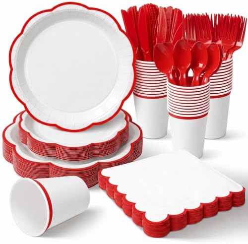 350 Pcs Red Rim Paper Plates and Napkins Party Supplies by Unknown