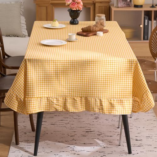 vctops Farmhouse Yellow Gingham Ruffle Table Cloth, Boho Cotton Linen Tablecloth, Washable Table Cover for Rectangle Table Baby Shower Kitchen Party Wedding Decor (Yellow,55"x118") - Image 2