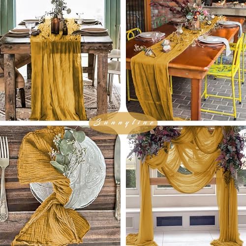 12 Pcs Mustard 35 x 120 Inches Long Cheesecloth Table Runner 10FT Runner for Tables Gauze Fabric Boho Table Runner Decoration Rustic Semi Sheer Runner for Wedding Baby Shower Birthday Party (Mustard) - Image 6