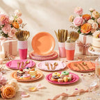 Zhehao 350 Pcs Pink and Orange Party Plates Cups Napkins Set - Image 2