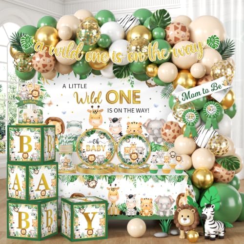 Safari Baby Shower Decorations,262pcs Wild Birthday Decorations Jungle Baby Shower Decorations Plates and Napkin Cups Backdrop Banner Tablecloth Balloons Garland Boxes,Serves 20 by Bezkega