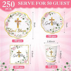 Ziliny 250 Pcs God Bless Baptism Party Tableware Set for 50 Guest First Holy Communion Decorations Pink Eucalyptus Leaves Paper Plates Napkins and Cups for Christening Baby Shower Religious - Image 2