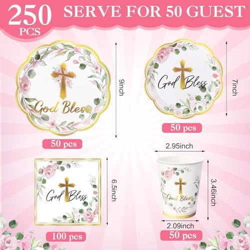 Ziliny 250 Pcs God Bless Baptism Party Tableware Set for 50 Guest First Holy Communion Decorations Pink Eucalyptus Leaves Paper Plates Napkins and Cups for Christening Baby Shower Religious - Image 2