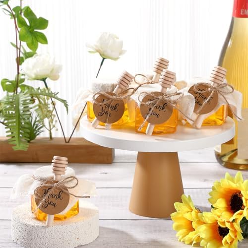 Funnymoom 30 Set 2.5oz Plastic Mini Honey Jars with Wooden Dipper and Muslin Cloth Covers Honey Jars with Gold Lids Hang Tags Decorative Jute Rope for Wedding Birthday Party (Classic) - Image 4