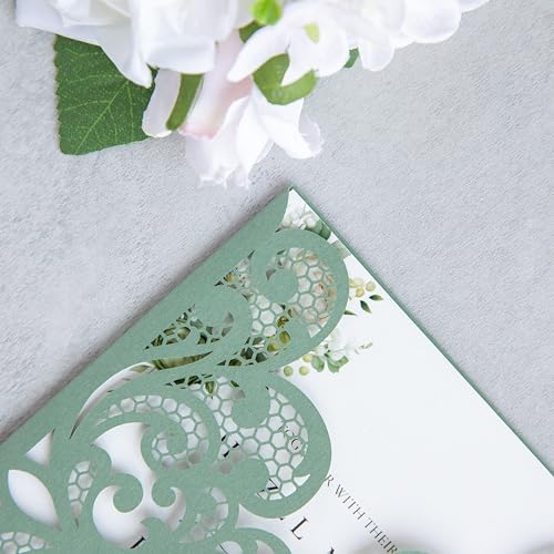 20Pcs Sage Green Laser Cut Wedding Invitation Cards With Envelopes - Image 6