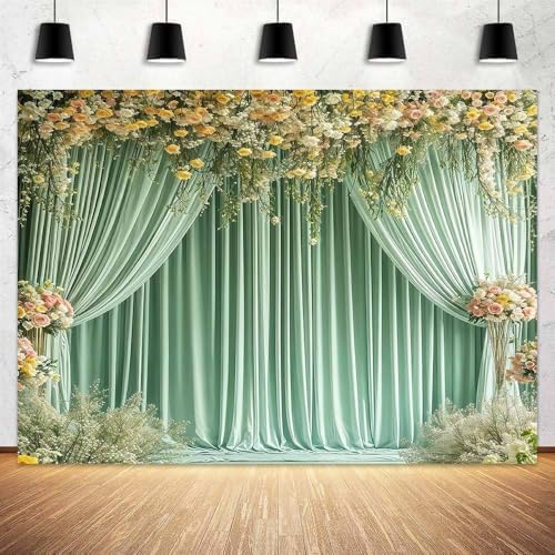 15X10FT Sage Green Backdrop Curtain for Wedding Pink Flower Floral Bridal Party Background Baby Shower Birthday Party Decorations Anniversary Ceremony Banner Photography Photo Booth Props - Image 4