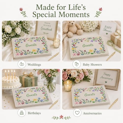 Embroidered Floral Guestbook for Wedding, Bridal Shower & Baby Shower, Linen Guest Sign-In Keepsake with Blank Ivory Pages, Lay-Flat Design & Ribbon Bookmark, 10.25” x 8.25” (Wildflower Garden) - Image 4