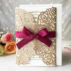 50PCS 5.12 x 7.28'' Gold Wedding Invitations Cards with Burgundy Bowknot Laser Cut Hollow Rose Flowers Invitation for Bridal Shower Engagement Wedding Invite (Gold Glitter) - Image 7