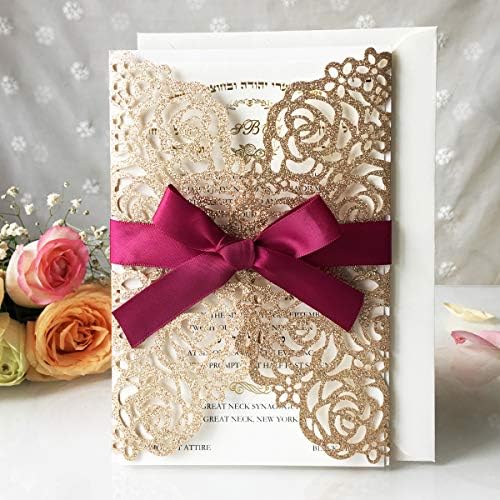 50PCS 5.12 x 7.28'' Gold Wedding Invitations Cards with Burgundy Bowknot Laser Cut Hollow Rose Flowers Invitation for Bridal Shower Engagement Wedding Invite (Gold Glitter) - Image 7