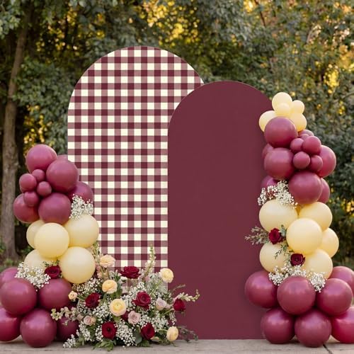 Tegeme 2 Set Gingham Arch Backdrop Cover 7.2ft 6.6ft Arch Cover, Burgundy - Image 6