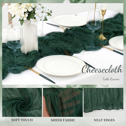 Emerald Green 20 Pack Cheesecloth Table Runner 10FT Boho Fabric Rustic Cheese Cloth Table Runner for Wedding 20 x 120 Inch Long Bridal Shower Baby Shower Gauze Sheer Birthday Party Table Decorations - Image 3
