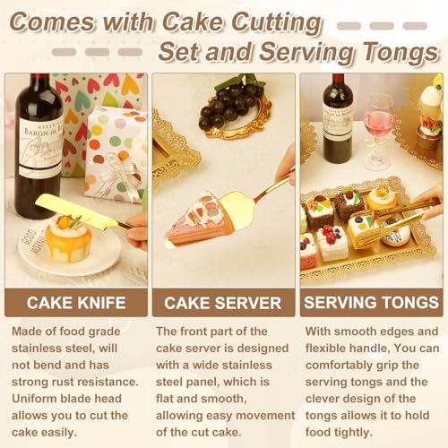 Audab Gold Dessert Table Display Set, Including Cake Stand, Cupcake Stand, Serving trays, Platters, Cake Cutting Set and Serving Tongs for Vintage Wedding Decor, Party Food Decorations - Image 5