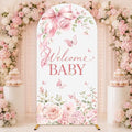 7.2ft Welcome Baby Pink Floral Arch Backdrop Covers Watercolor Butterfly Bow Stretchy Spandex Covers for Girl Baby Shower Gender Reveal Birthday Party Decorations by chiazllta