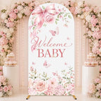 7.2ft Welcome Baby Pink Floral Arch Backdrop Covers Watercolor Butterfly Bow Stretchy Spandex Covers for Girl Baby Shower Gender Reveal Birthday Party Decorations by chiazllta