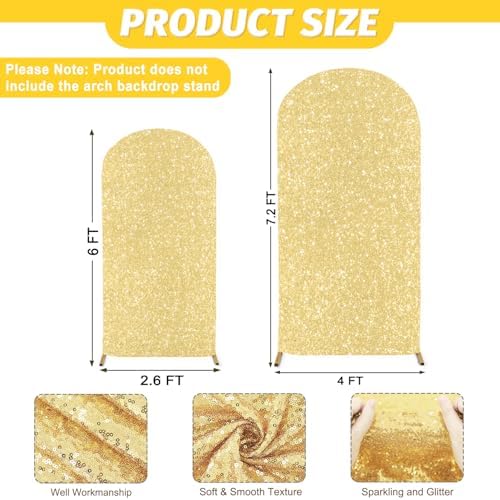 MODFUNS Gold Sequin Arch Cover Set of 2 Spandex Arch Cover 7.2&6ft Sparkly Wedding Arch Cover Fitted Wedding Arch Stand Covers Round Top Arch Covers Stretchy Backdrop for Birthday Party Reception - Image 3