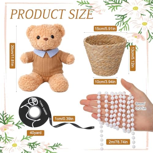 Shappy 6 Sets Bear Centerpieces for Baby Shower Wedding Bridal Decorations Party Table Centerpieces with Bears Straw Baskets Ribbon Pearl Chains for Birthday Gender Reveal Party Decoration Gifts - Image 5