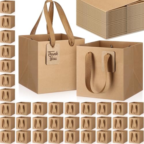 Windyun 100 Pcs Mini Paper Gift Bags with Handle 6 x 6 x 6'' Square Small Favor Bag with DIY Thank You Tag for Christmas Birthday Wedding Bridal Shower Bridesmaid Graduation Party (Kraft) by Windyun