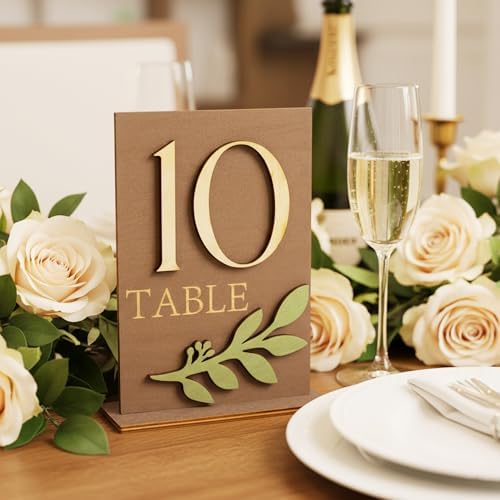 Wedding Table Numbers 1-20 with Holders, Elegant Wood Table Numbers with Eucalyptus Leaves for Wedding Reception, Centerpiece Decoration, Event, Party - Image 3