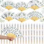 Briwooody 48 Set Eucalyptus Leaf Hand Folding Fans with Organza Bags Bulk Greenery Wedding Favors for Guests Boho Green Leaf Paper Fan for Bridal Shower Supplies Bridesmaid Gifts Party Decorations by Briwooody
