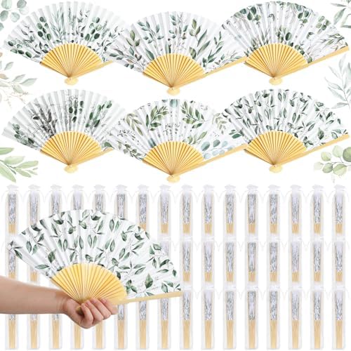 Briwooody 48 Set Eucalyptus Leaf Hand Folding Fans with Organza Bags Bulk Greenery Wedding Favors for Guests Boho Green Leaf Paper Fan for Bridal Shower Supplies Bridesmaid Gifts Party Decorations by Briwooody