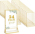 Floroom 24 Pack 5x7 Inch Clear Acrylic Sign Holders, Gold Border Double-Sided Vertical Picture Frames & Display Stands for Table Numbers, Photos, Menus, Flyers, Weddings, Parties & Events by Floroom