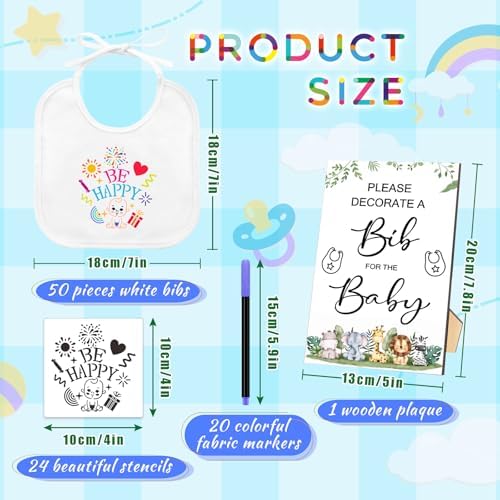 SytuHe 95 Pcs DIY Baby Bibs Decorating Kit50 White Bibs 24 Stencils 20 Fabric Markers 1 Baby Shower Game Sign - Image 2